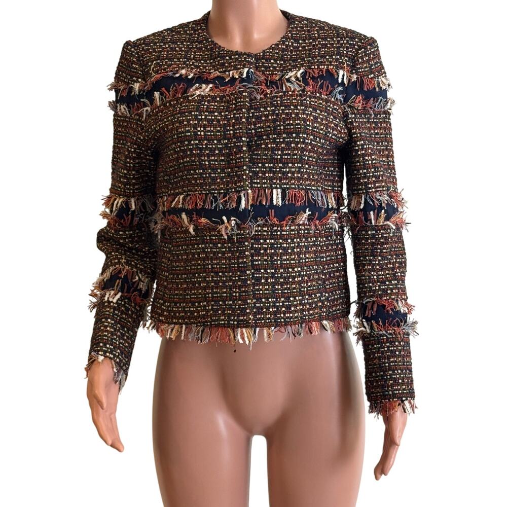 Tory Burch Boucle Tweed Fringe Trim Jacket Womens 6 Multicolor Blazer Career